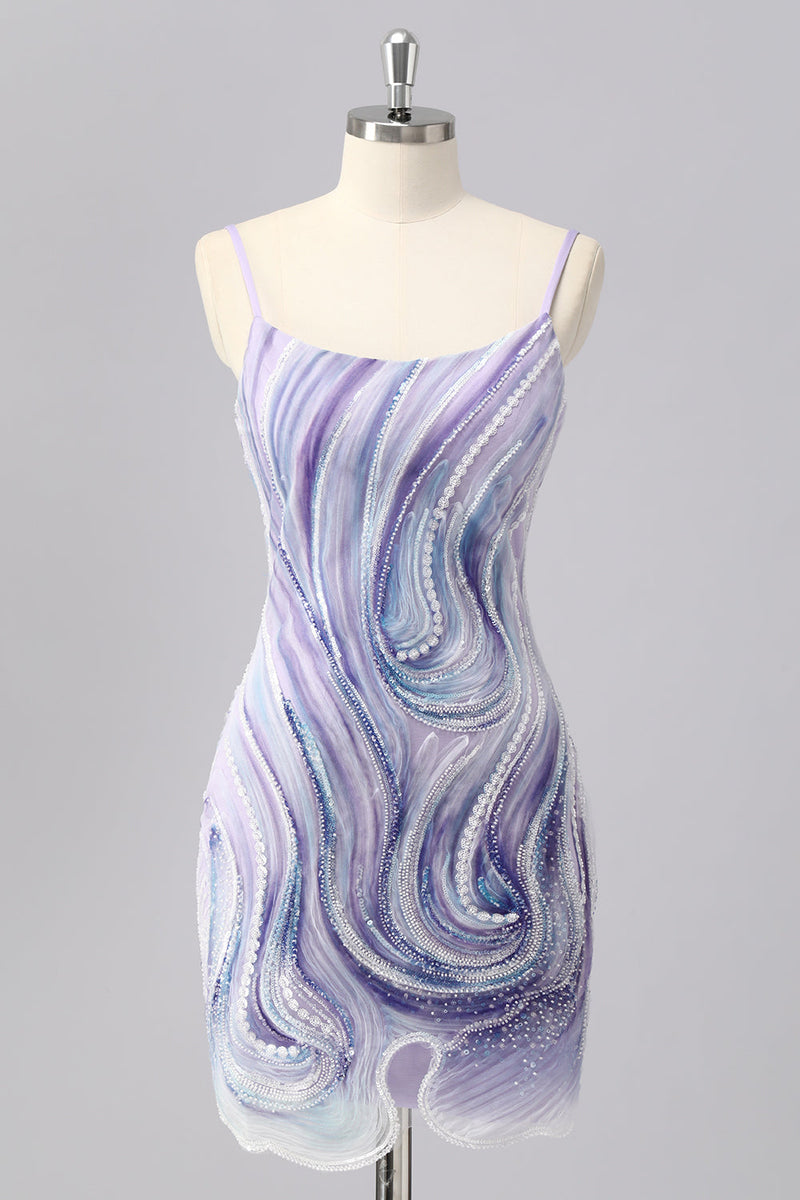Laden Sie das Bild in den Galerie-Viewer, Glitzerndes Flieder Figurbetontes Perlenbesetztes Cocktailkleid mit Pailletten
