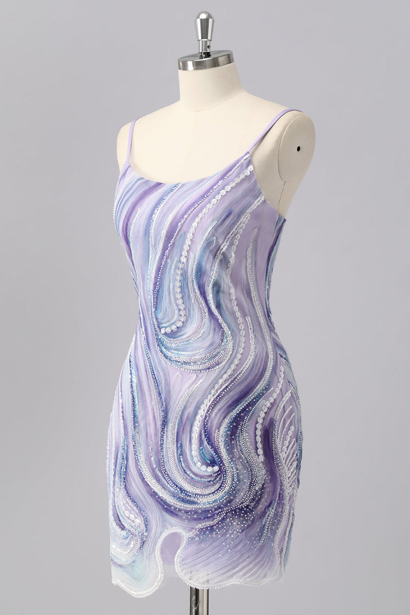 Laden Sie das Bild in den Galerie-Viewer, Glitzerndes Flieder Figurbetontes Perlenbesetztes Cocktailkleid mit Pailletten