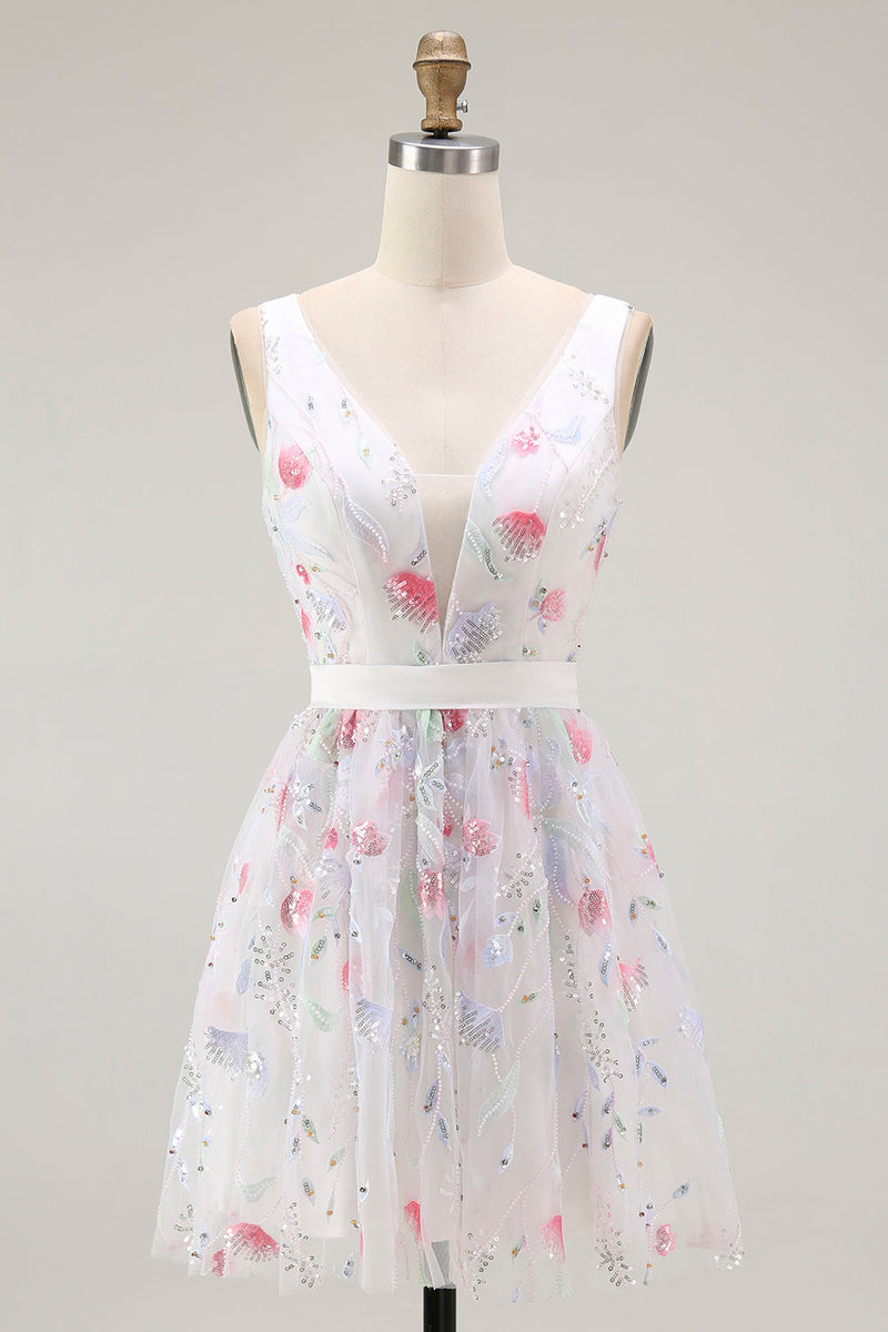 Laden Sie das Bild in den Galerie-Viewer, Glitzerndes Geblümtes Weißes Rückenfreies Pailletten Cocktailkleid mit V-Ausschnitt in A-Linie