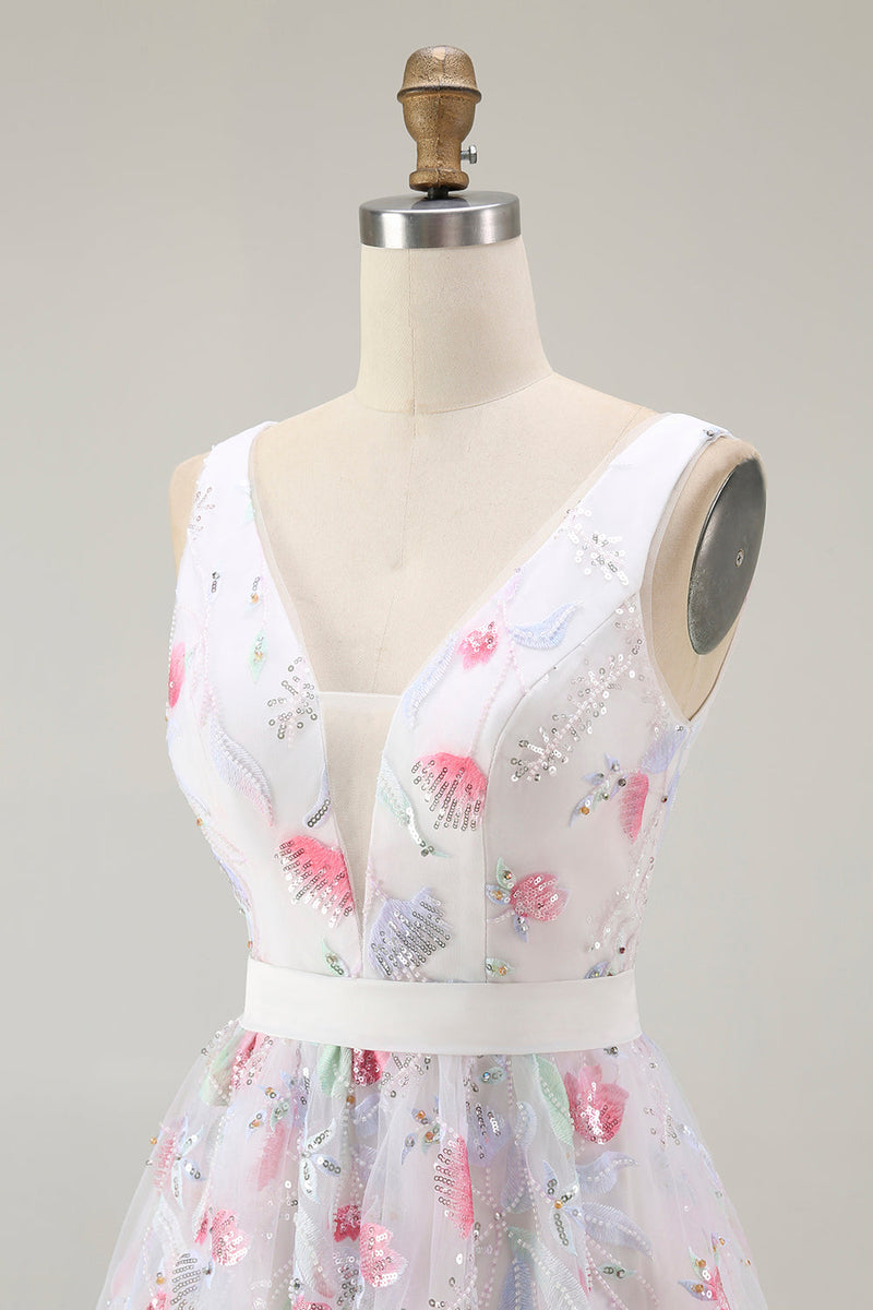 Laden Sie das Bild in den Galerie-Viewer, Glitzerndes Geblümtes Weißes Rückenfreies Pailletten Cocktailkleid mit V-Ausschnitt in A-Linie