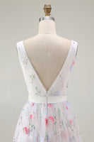 Laden Sie das Bild in den Galerie-Viewer, Glitzerndes Geblümtes Weißes Rückenfreies Pailletten Cocktailkleid mit V-Ausschnitt in A-Linie