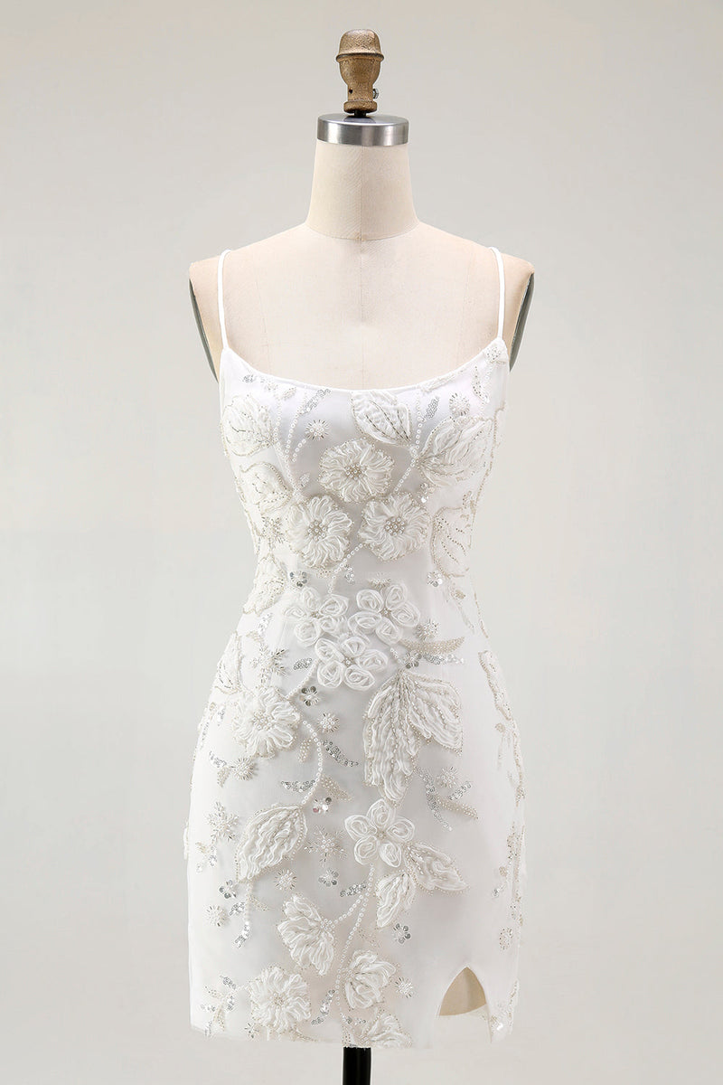 Laden Sie das Bild in den Galerie-Viewer, Weißes Figurbetontes Standesamtkleid mit Spaghettiträgern und applizierten Trägern und Schlitz