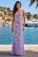 Laden Sie das Bild in den Galerie-Viewer, Trägerloses Lila Blumen Etui Ballkleid mit Perlen