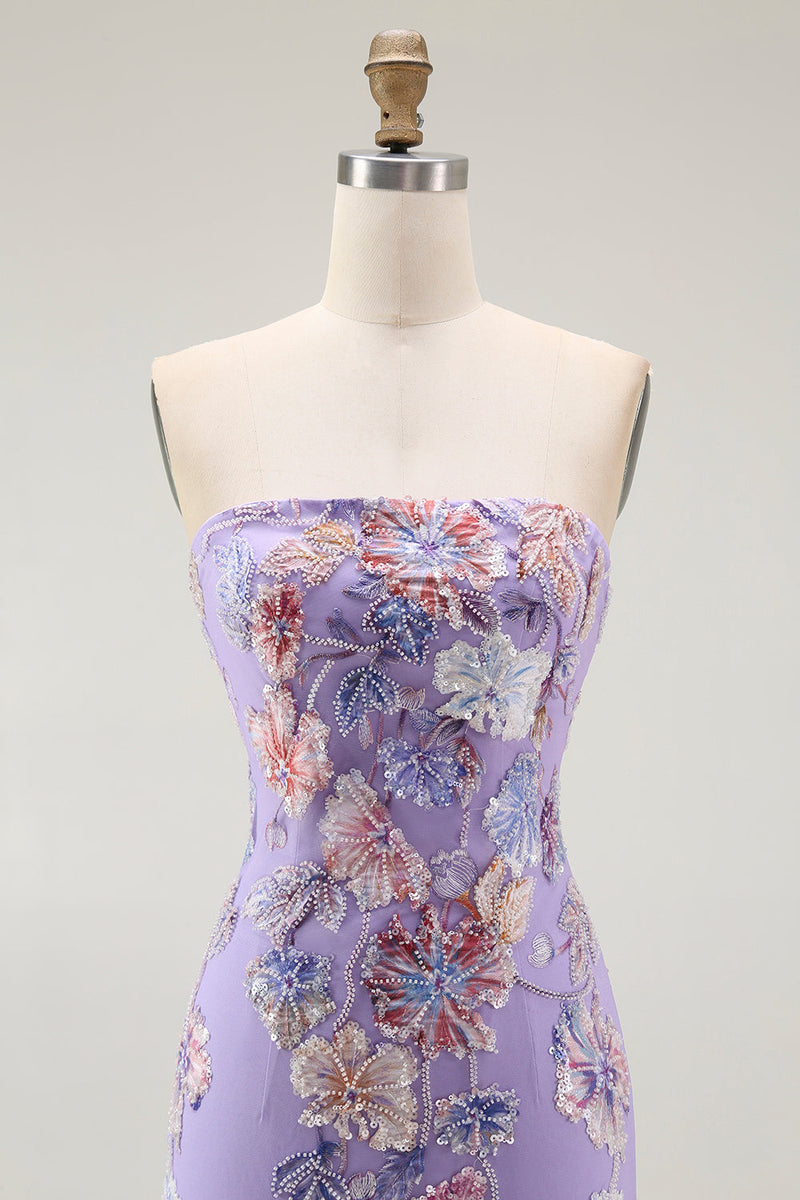 Laden Sie das Bild in den Galerie-Viewer, Trägerloses Lila Blumen Etui Ballkleid mit Perlen