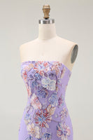 Laden Sie das Bild in den Galerie-Viewer, Trägerloses Lila Blumen Etui Ballkleid mit Perlen