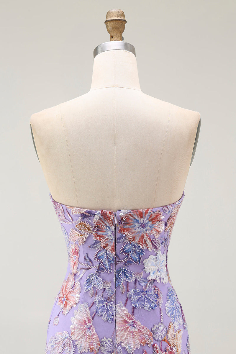 Laden Sie das Bild in den Galerie-Viewer, Trägerloses Lila Blumen Etui Ballkleid mit Perlen