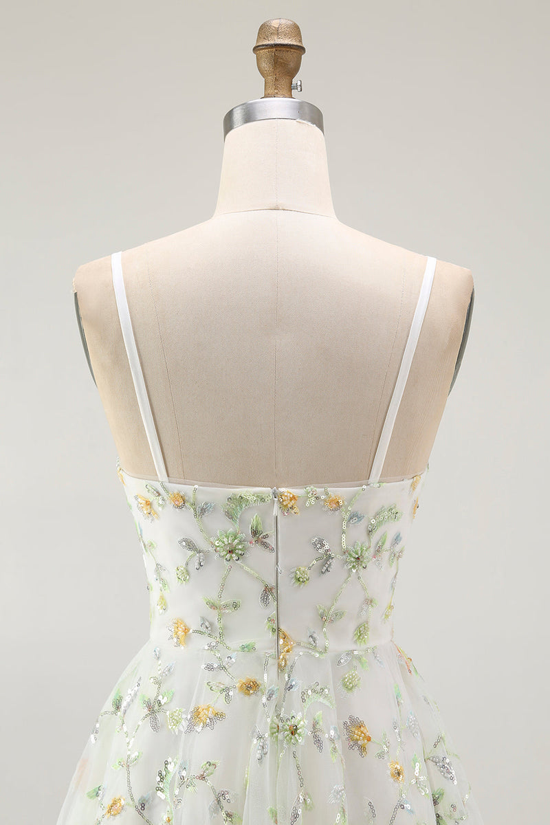 Laden Sie das Bild in den Galerie-Viewer, Grünes Geblümtes A-Linie Spaghettiträger Kurzes Cocktailkleid