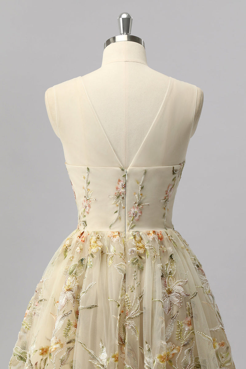 Laden Sie das Bild in den Galerie-Viewer, Aprikose Blumen A Linie Illusion Perlenbesetztes Mini Cocktailkleid