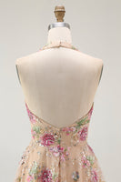 Laden Sie das Bild in den Galerie-Viewer, Glitzerndes Neckholder Blumen Champagner A Linie Neckholder Pailletten Cocktailkleid