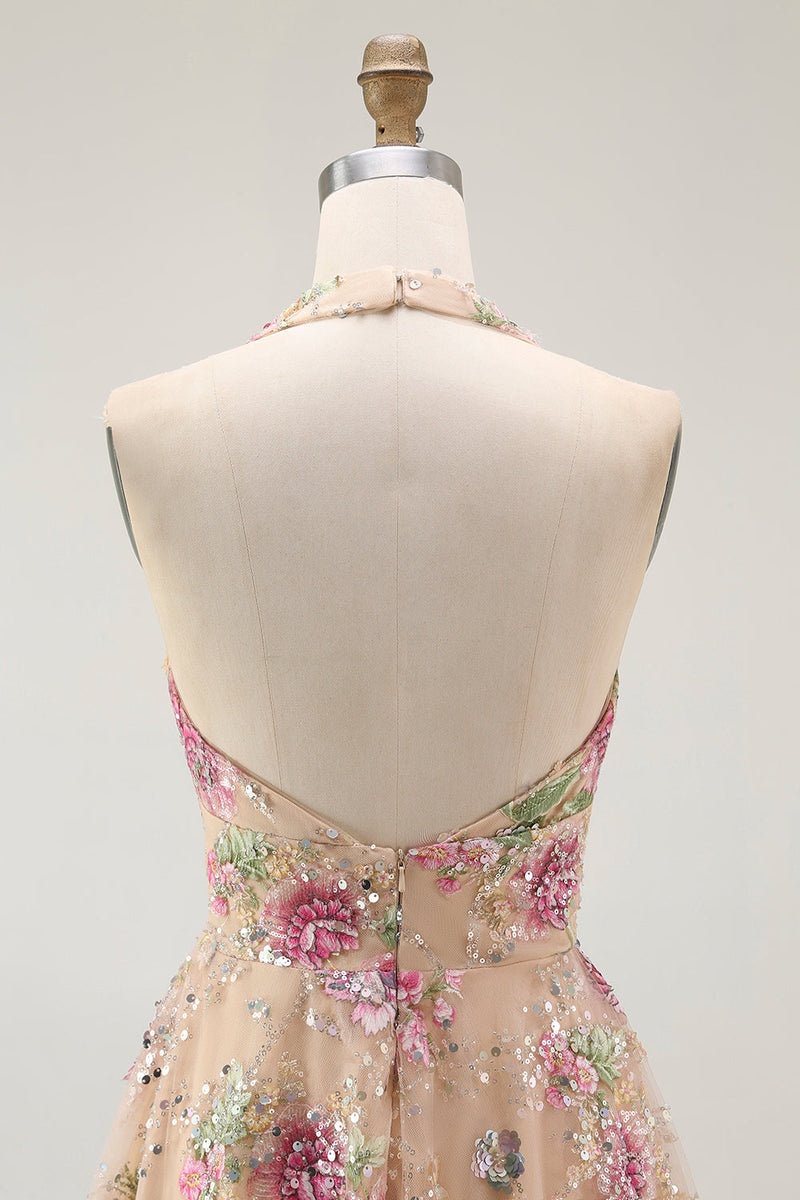 Laden Sie das Bild in den Galerie-Viewer, Glitzerndes Neckholder Blumen Champagner A Linie Neckholder Pailletten Cocktailkleid