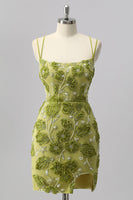 Laden Sie das Bild in den Galerie-Viewer, Grünes Bodycon Mini Cocktailkleid mit Perlen und 3D-Blumen