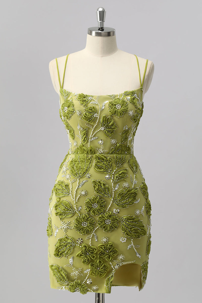 Laden Sie das Bild in den Galerie-Viewer, Grünes Bodycon Mini Cocktailkleid mit Perlen und 3D-Blumen