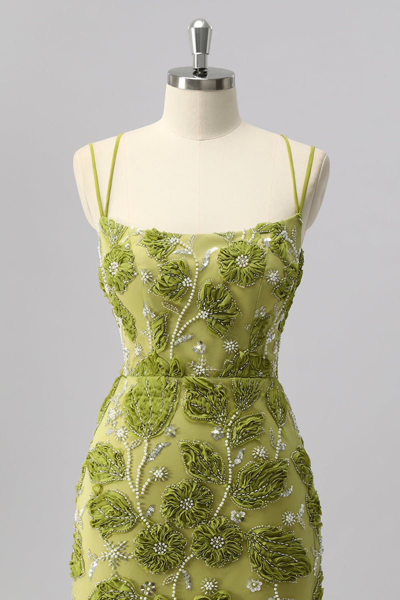 Laden Sie das Bild in den Galerie-Viewer, Grünes Bodycon Mini Cocktailkleid mit Perlen und 3D-Blumen