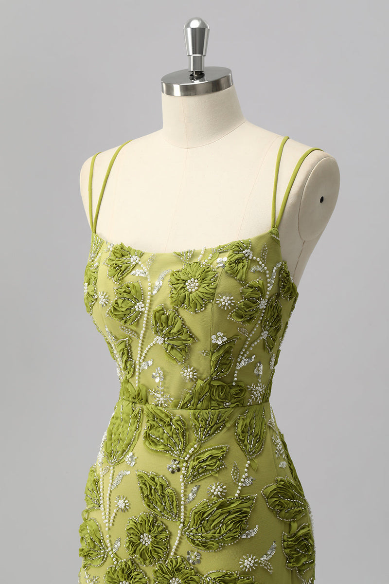 Laden Sie das Bild in den Galerie-Viewer, Grünes Bodycon Mini Cocktailkleid mit Perlen und 3D-Blumen