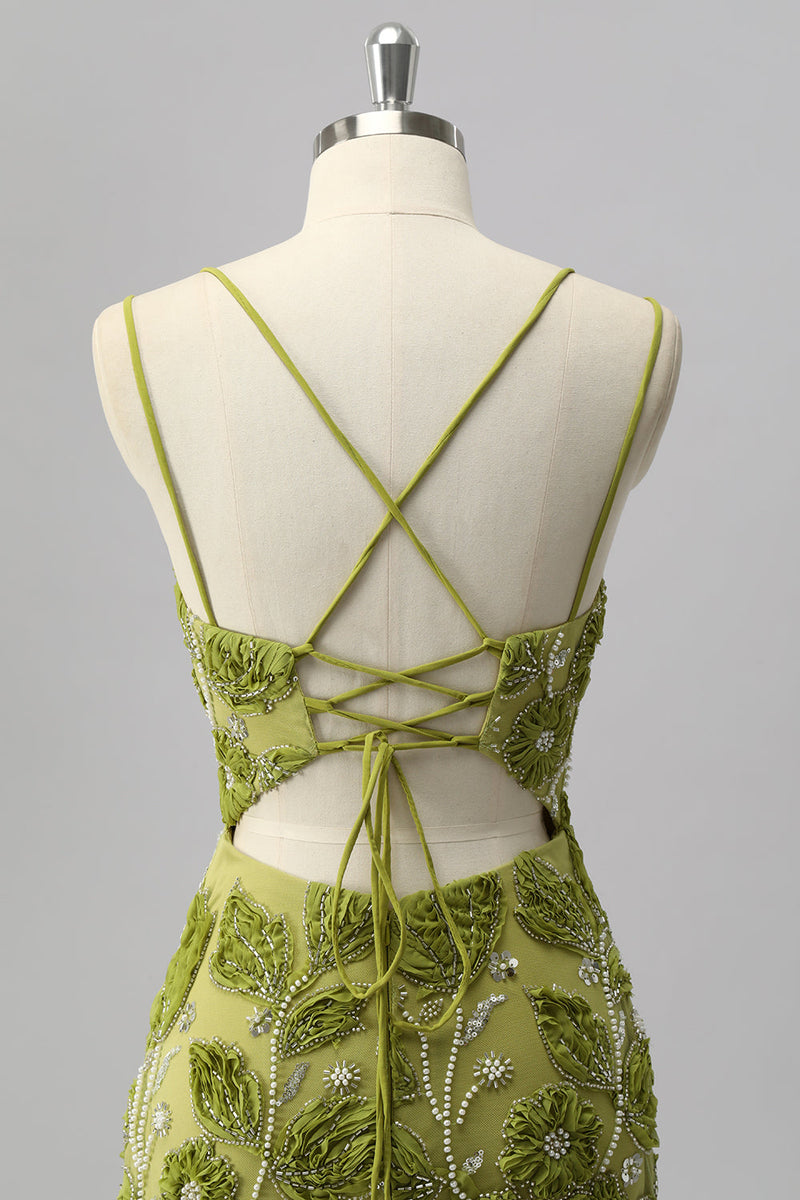 Laden Sie das Bild in den Galerie-Viewer, Grünes Bodycon Mini Cocktailkleid mit Perlen und 3D-Blumen