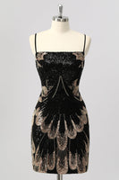 Laden Sie das Bild in den Galerie-Viewer, Schwarzes Figurbetontes Kurzes Abiballkleid mit Pailletten und Schnürung