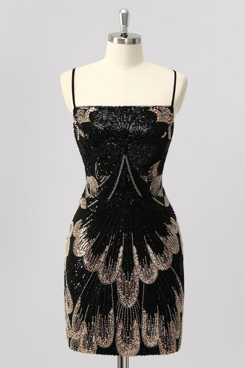 Laden Sie das Bild in den Galerie-Viewer, Schwarzes Figurbetontes Kurzes Abiballkleid mit Pailletten und Schnürung