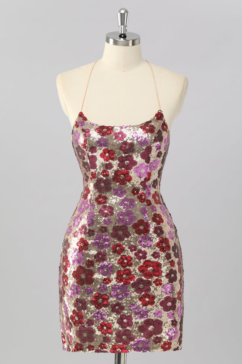 Laden Sie das Bild in den Galerie-Viewer, Gelbes Blumen Bodycon Mini Cocktailkleid mit Pailletten