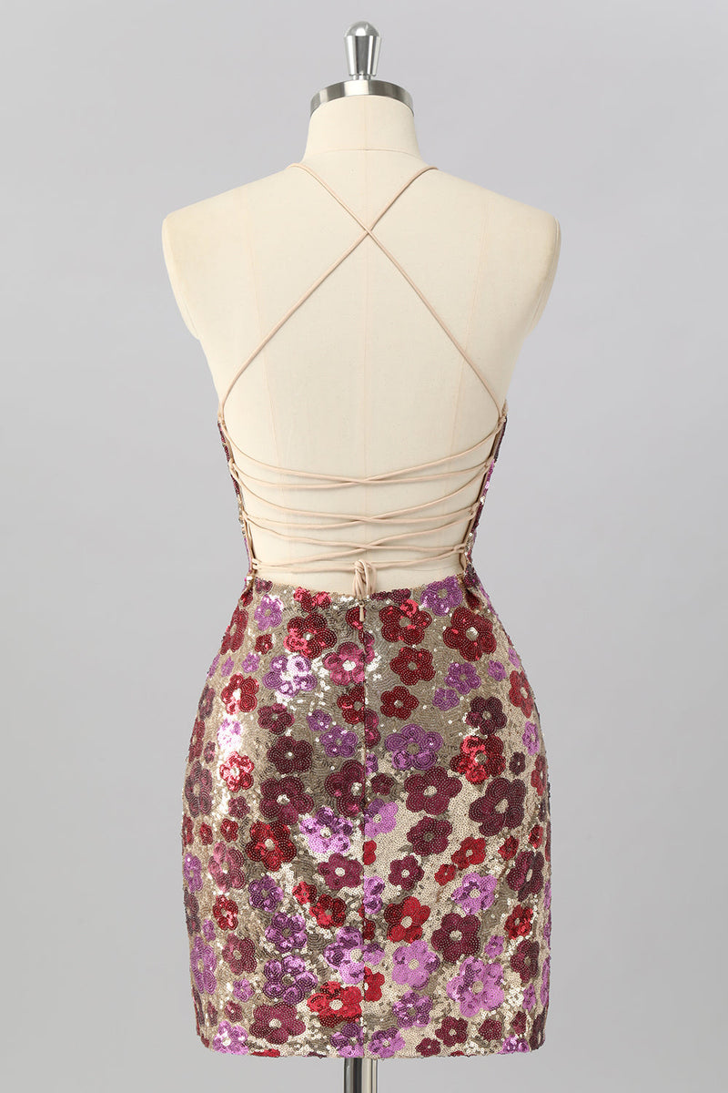 Laden Sie das Bild in den Galerie-Viewer, Gelbes Blumen Bodycon Mini Cocktailkleid mit Pailletten