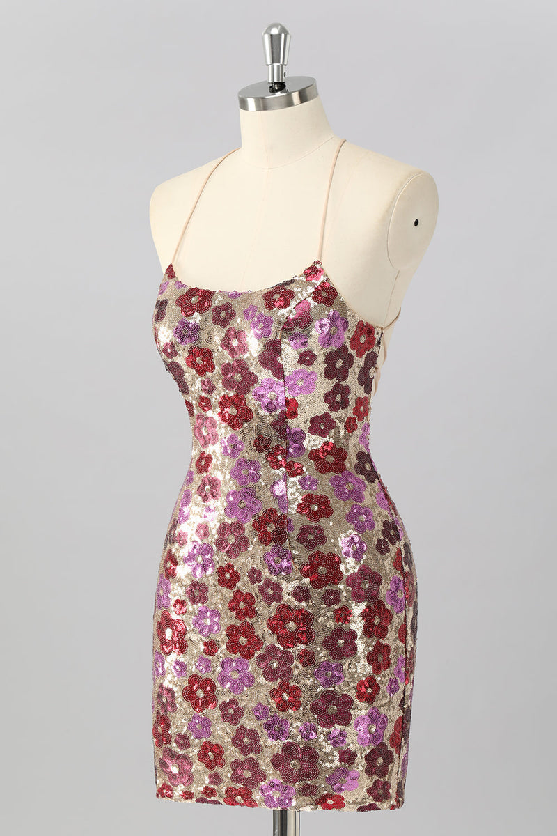 Laden Sie das Bild in den Galerie-Viewer, Gelbes Blumen Bodycon Mini Cocktailkleid mit Pailletten