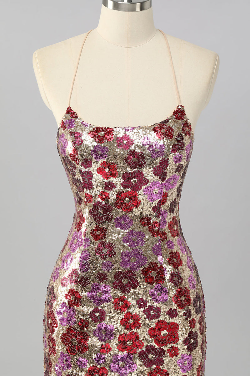 Laden Sie das Bild in den Galerie-Viewer, Gelbes Blumen Bodycon Mini Cocktailkleid mit Pailletten