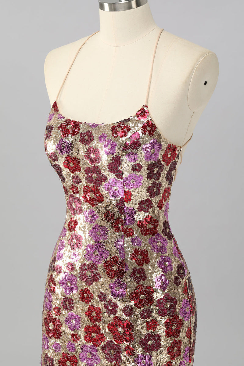 Laden Sie das Bild in den Galerie-Viewer, Gelbes Blumen Bodycon Mini Cocktailkleid mit Pailletten