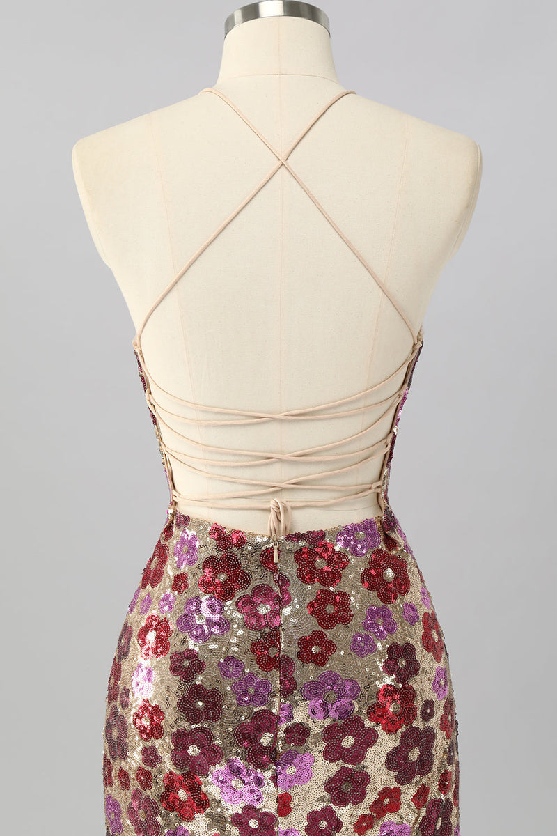 Laden Sie das Bild in den Galerie-Viewer, Gelbes Blumen Bodycon Mini Cocktailkleid mit Pailletten