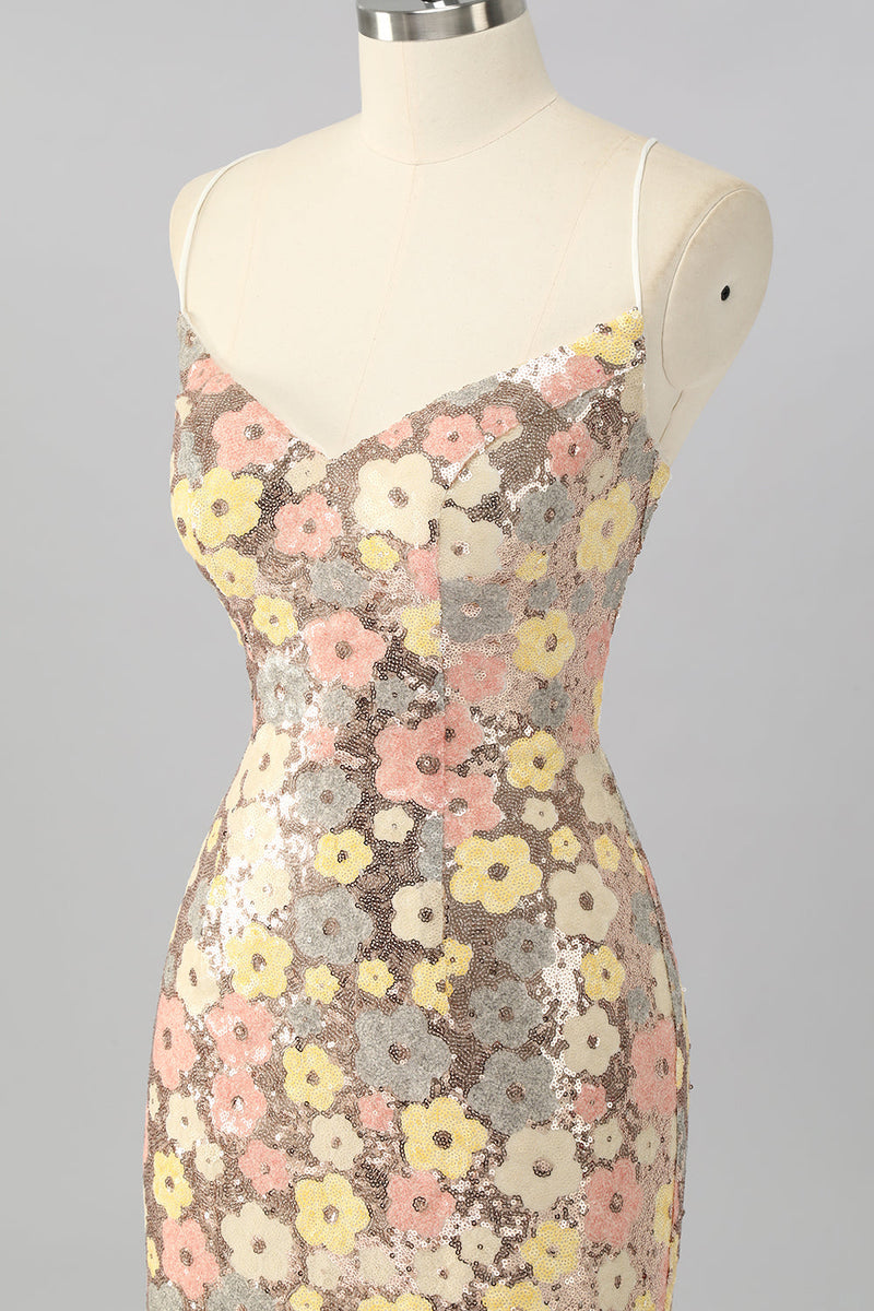 Laden Sie das Bild in den Galerie-Viewer, Gelbes Blumen Bodycon Mini Cocktailkleid mit Pailletten