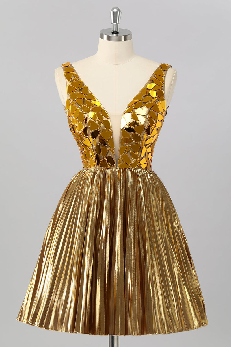Laden Sie das Bild in den Galerie-Viewer, Golden Spiegel Metallic A Linie Kurzes Cocktailkleid