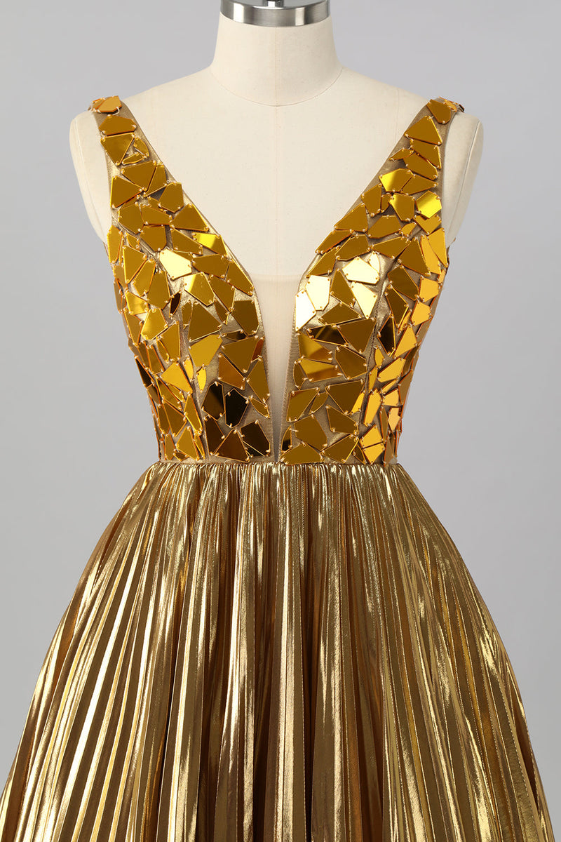 Laden Sie das Bild in den Galerie-Viewer, Golden Spiegel Metallic A Linie Kurzes Cocktailkleid