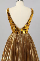 Laden Sie das Bild in den Galerie-Viewer, Golden Spiegel Metallic A Linie Kurzes Cocktailkleid