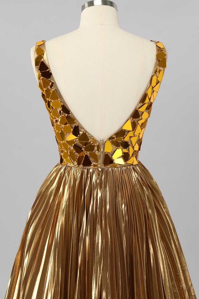 Laden Sie das Bild in den Galerie-Viewer, Golden Spiegel Metallic A Linie Kurzes Cocktailkleid