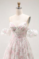 Laden Sie das Bild in den Galerie-Viewer, Kalte Schulter Blush Blumenmuster A Linie Langes Ballkleid