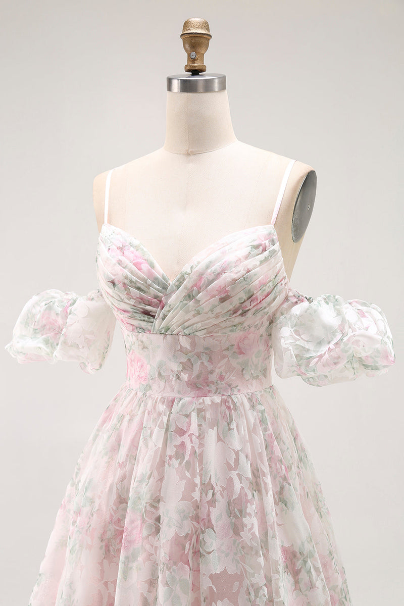 Laden Sie das Bild in den Galerie-Viewer, Kalte Schulter Blush Blumenmuster A Linie Langes Ballkleid