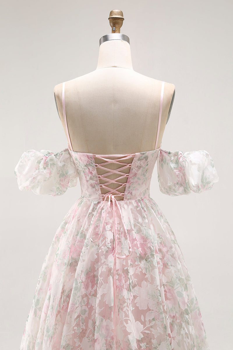 Laden Sie das Bild in den Galerie-Viewer, Kalte Schulter Blush Blumenmuster A Linie Langes Ballkleid