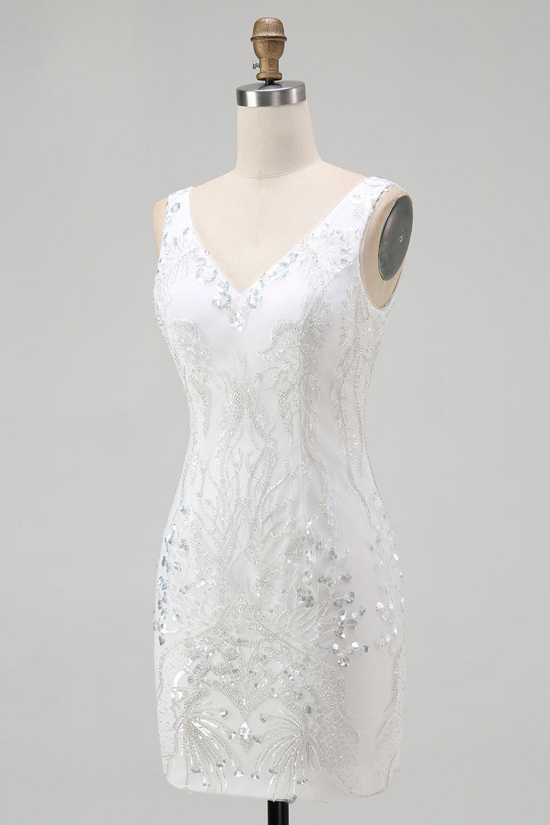 Laden Sie das Bild in den Galerie-Viewer, Weißes Figurbetontes Kurzes Cocktailkleid mit Pailletten