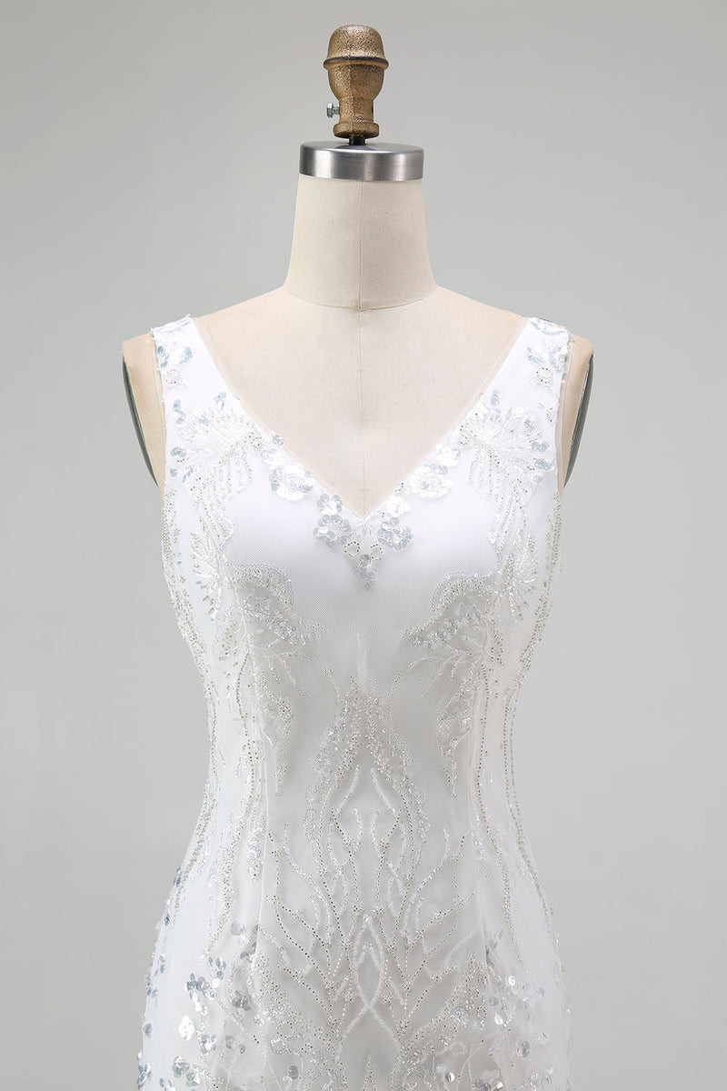 Laden Sie das Bild in den Galerie-Viewer, Weißes Figurbetontes Kurzes Cocktailkleid mit Pailletten