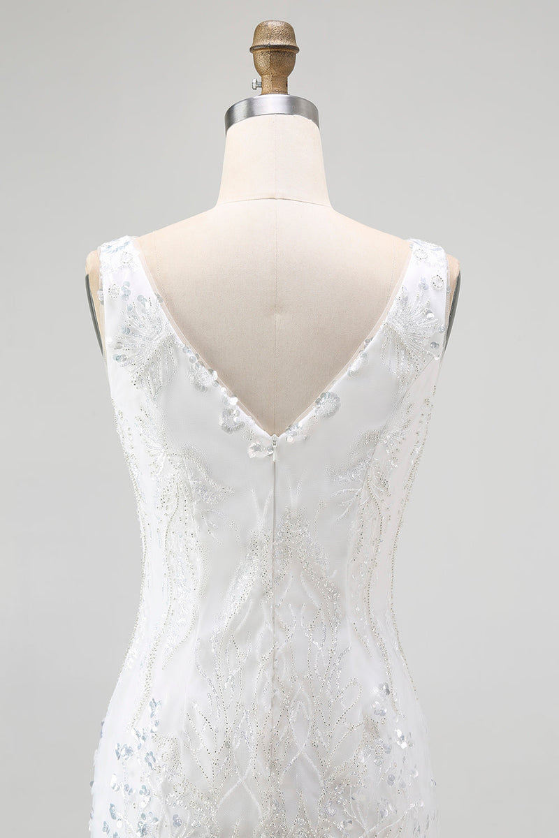 Laden Sie das Bild in den Galerie-Viewer, Weißes Figurbetontes Kurzes Cocktailkleid mit Pailletten