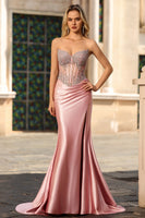 Laden Sie das Bild in den Galerie-Viewer, Blush Meerjungfrauen Trägerloses Satin Langes Ballkleid mit Strasssteinen