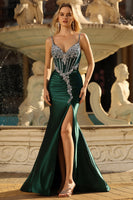 Laden Sie das Bild in den Galerie-Viewer, Dunkelgrünes Meerjungfrauen Korsett Langes Ballkleid mit Strasssteinen