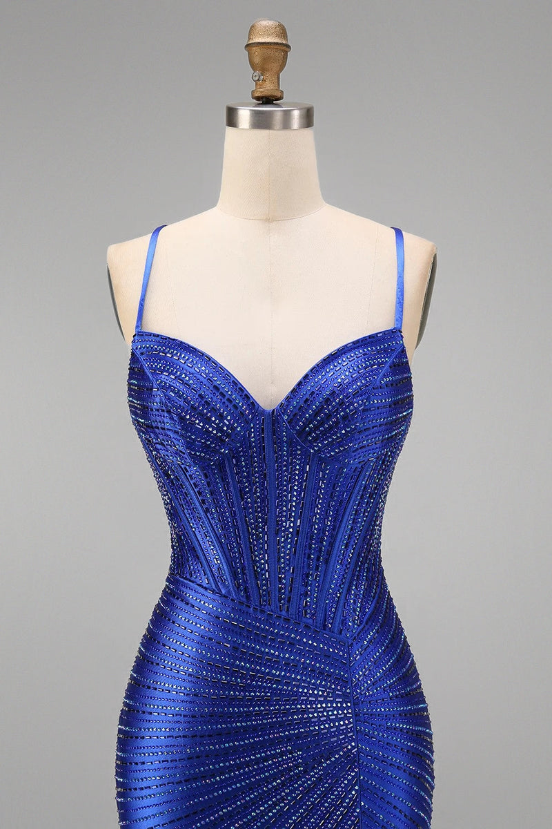 Laden Sie das Bild in den Galerie-Viewer, Königsblaues Perlen Meerjungfrauen Spaghettiträger Korsett Langes Abschlussballkleid mit Schlitz