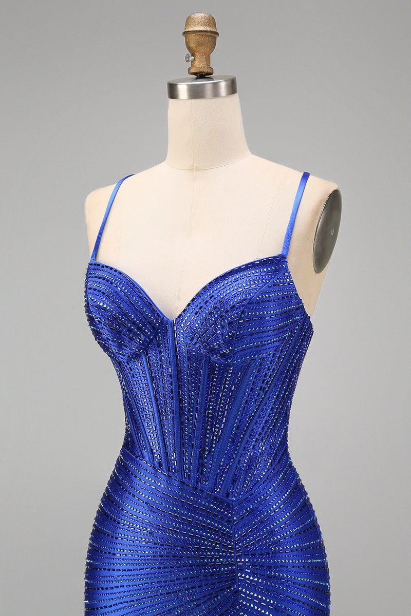 Laden Sie das Bild in den Galerie-Viewer, Königsblaues Perlen Meerjungfrauen Spaghettiträger Korsett Langes Abschlussballkleid mit Schlitz