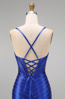 Laden Sie das Bild in den Galerie-Viewer, Königsblaues Perlen Meerjungfrauen Spaghettiträger Korsett Langes Abschlussballkleid mit Schlitz