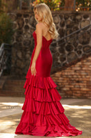 Laden Sie das Bild in den Galerie-Viewer, Rotes Meerjungfrauen Herzausschnitt Korsett Langes Ballkleid mit Schlitz