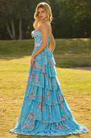 Laden Sie das Bild in den Galerie-Viewer, Trägerloses Dunkelblaues Korsett Langes Blumen Ballkleid mit Rüschen