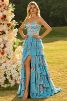 Laden Sie das Bild in den Galerie-Viewer, Trägerloses Dunkelblaues Korsett Langes Blumen Ballkleid mit Rüschen