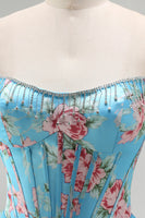 Laden Sie das Bild in den Galerie-Viewer, Trägerloses Blaues A-Linie Korsett Gestuftes Rüschen Blumen Langes Ballkleid mit Schlitz