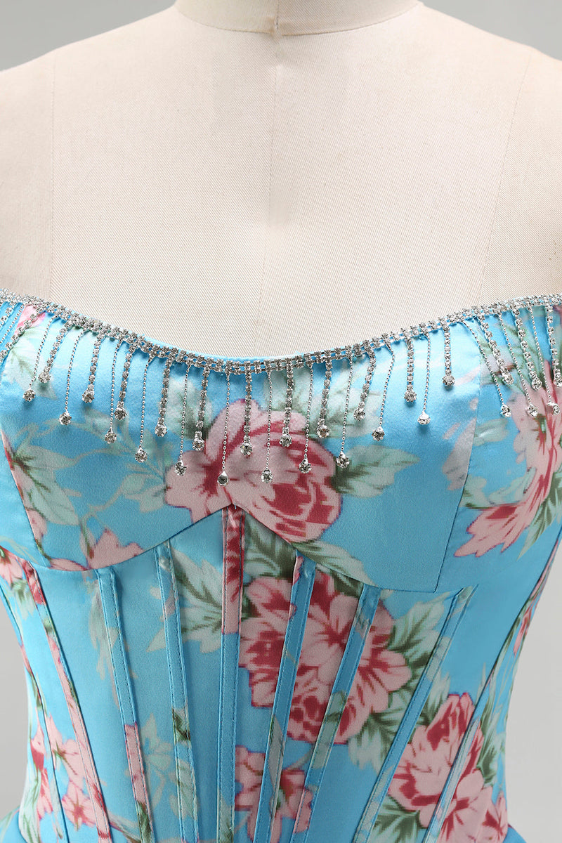 Laden Sie das Bild in den Galerie-Viewer, Dunkelblaues Trägerloses A-Linie Korsett Blumen Langes Chiffon Ballkleid mit Rüschenrock