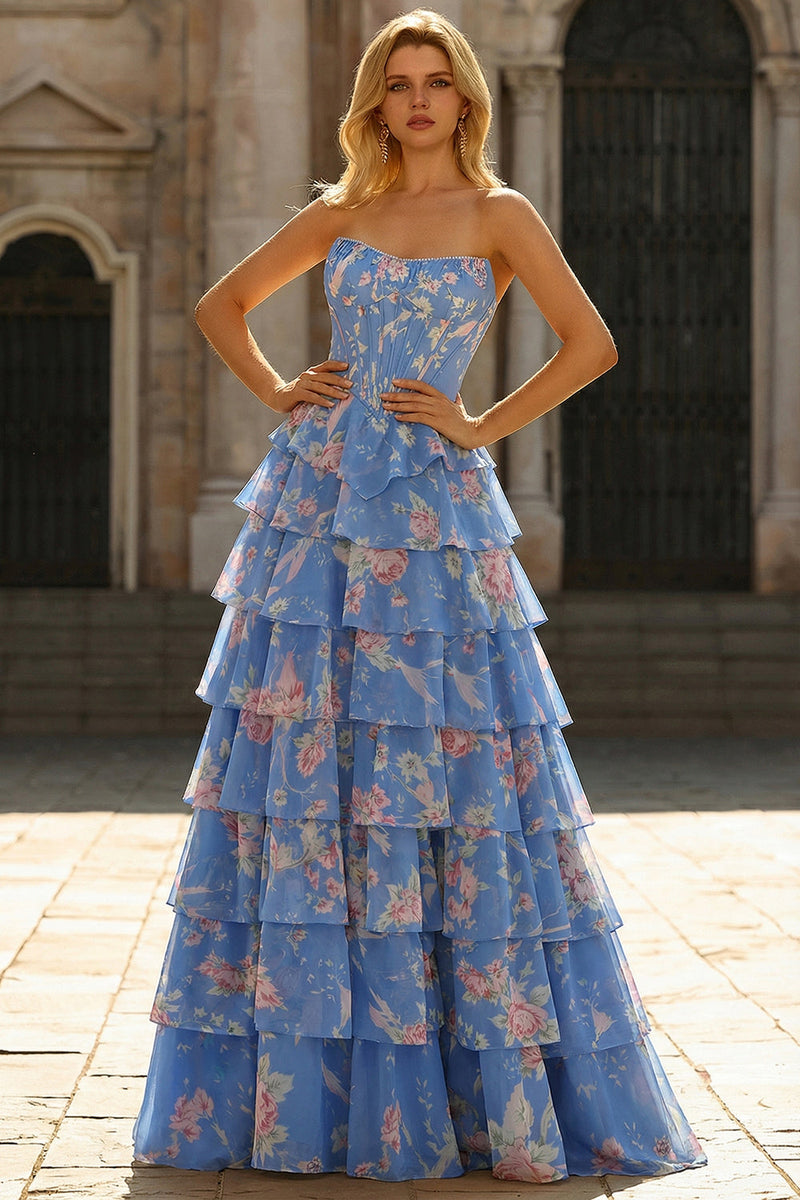 Laden Sie das Bild in den Galerie-Viewer, Trägerloses Dunkelblaues Korsett Langes Blumen Ballkleid mit Rüschen