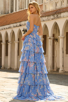 Trägerloses Dunkelblaues Korsett Langes Blumen Ballkleid mit Rüschen